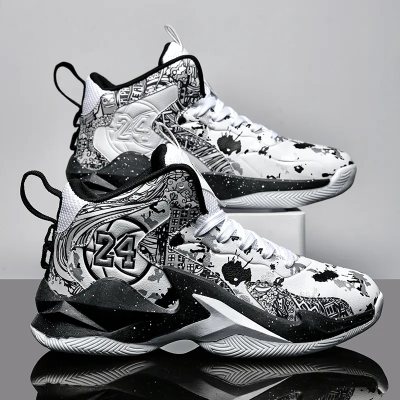 Men's anti-slip, wear-resistant, frictional, and sound-making basketball shoes with leather surface design, waterproof, shock-absorbing, fashionable and comfortable, ultra-light, rebounding, black sports shoes.