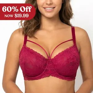 HSIA Pretty In Petals Plus Size Elegant Sheer Mesh Lace Unlined Full Coverage Strappy Underwire Non-Padded Bra with Minimizer Support  Wide Adjustable Straps for Women's Everyday Lingerie