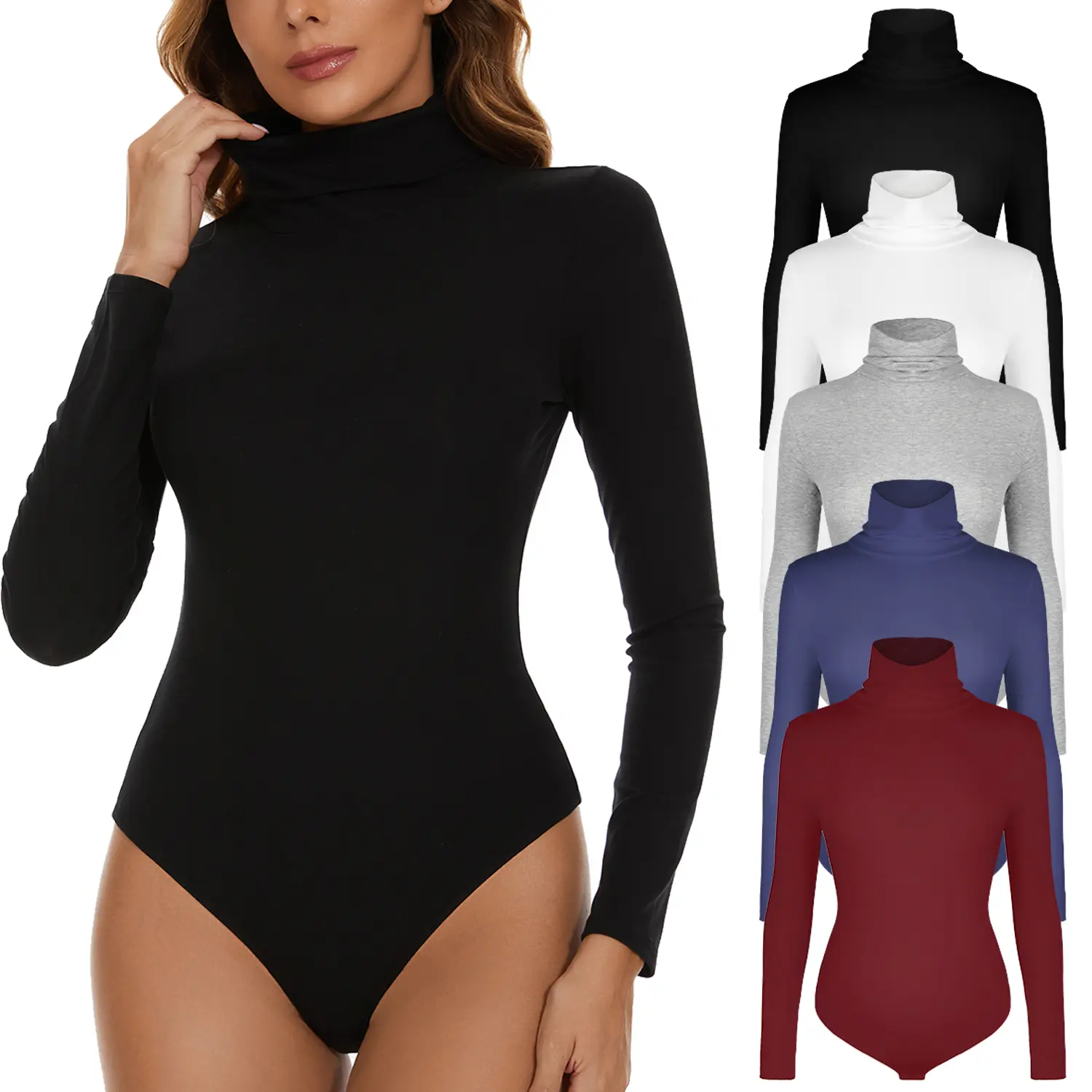 Women Mock Turtleneck Long Sleeve Bodysuit Basic T Shirt Jumpsuit Fitted Basic Tops for Casual Work Going Out