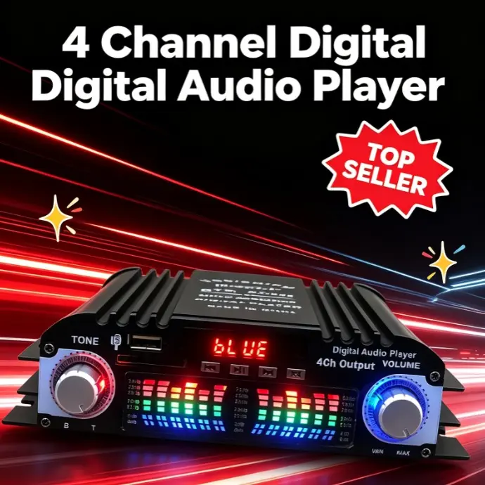 1600W Peak Power HiFi Sound Amplifier Digital 4 Channel Audio Amplifier Bluetooth Karaoke Player FM Radio Support Remote Control Adapter Card