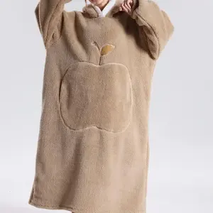 Women's Solid Pocket Hooded Flannel Lounge Robe, Casual Drop Shoulder Long Sleeve Robe, Oversized Blanket Hoodie, Comfortable Giant Wearable Blanket, Sherpa Fleece Wearable Blanket with Big Pocket, Women's Sleepwear for Fall & Winter, Fluffy Pajamas