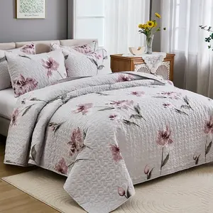 2/3 piece Fresh Floral Quilted Bedding Set, Lightweight Reversible Blanket, Printed Cover, Includes Pillowcases, All-Season Use, Two Sides Available