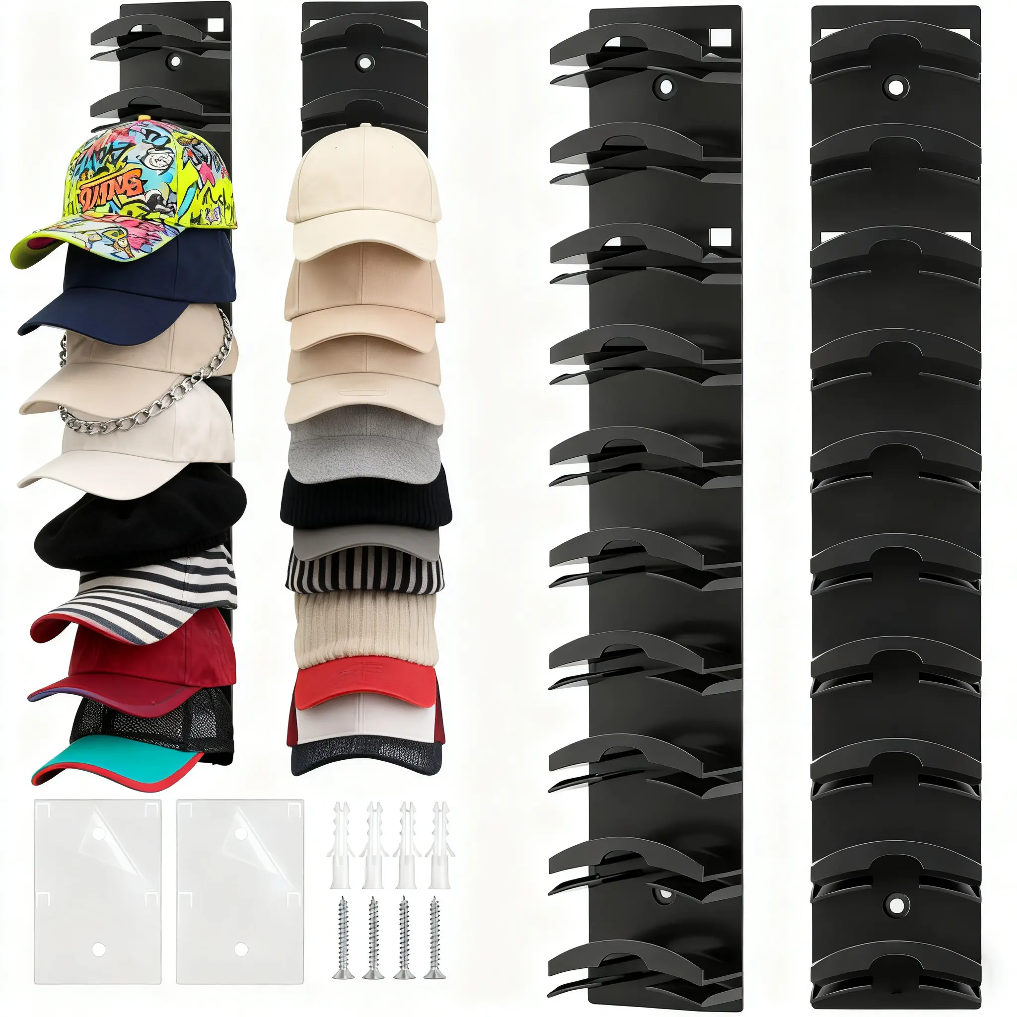 2 Pack Black+Black Wall-Mounted Hat Organizer Shelves, Stable Hanging Hook Rack Holds 20 Baseball Caps, Easy-Adhesive Installation for Closet Door & Bedroom Decor, Quick Access Display, Black+Black (2Pcs)