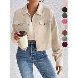 Women's Plain Button Front Drop Shoulder Jacket, Casual Pocket Design Long Sleeve Corduroy Jacket for Fall & WinterRAIMENTRY