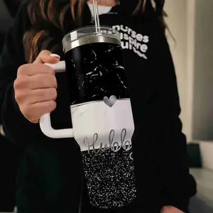 40oz large capacity car water bottles with lid and handle, 304 stainless steel insulated tumbler - Hubby & Wifey Design, suitable for car, office, travel, Winter Tumbler for Her/His, new year gifts and Valentine gifts, Wedding Gift