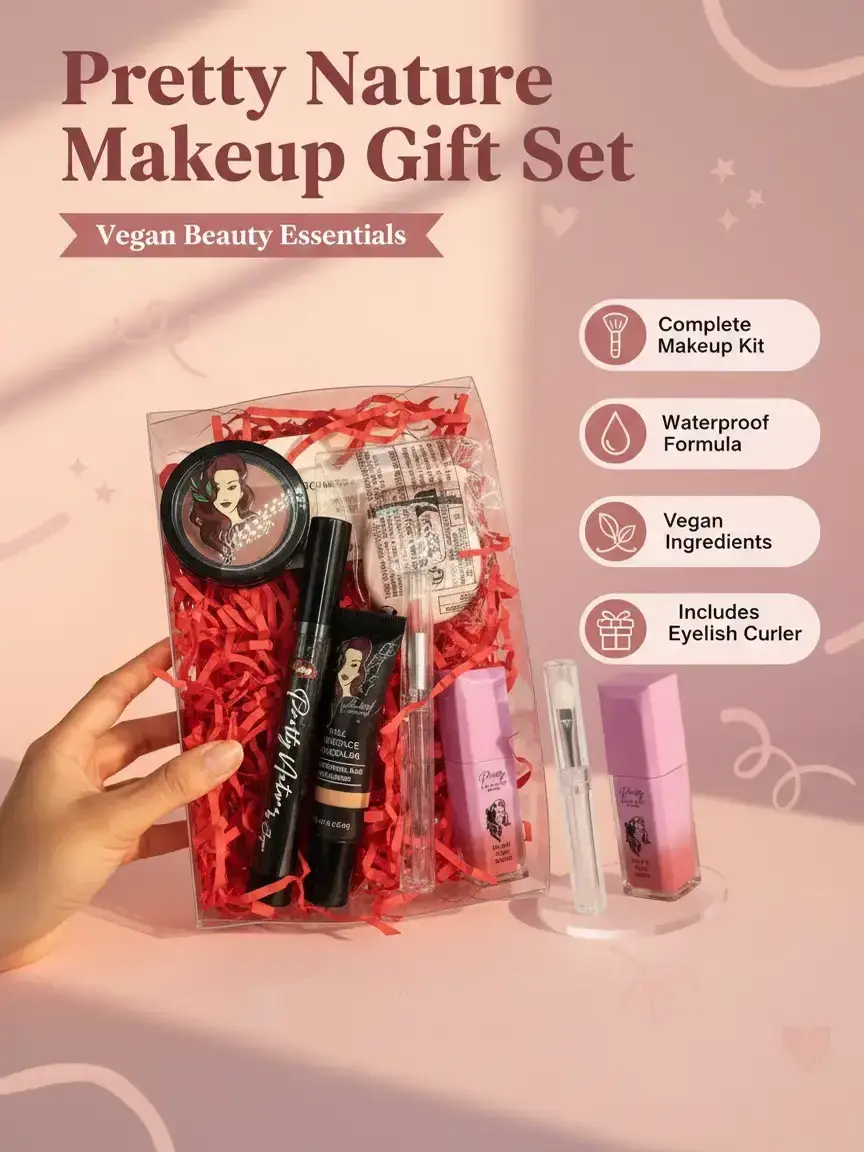 PRETTY NATURE Vegan 4-Piece Makeup Kit - Blendable Full Coverage Concealer for Uneven Skin Tone, Waterproof Mascara with Silicone Brush, Honey Lip & Cheek Blush, Nourishing Lip Oil - Gluten Free, Beauty Products, Adults, Bottle, 1 P
