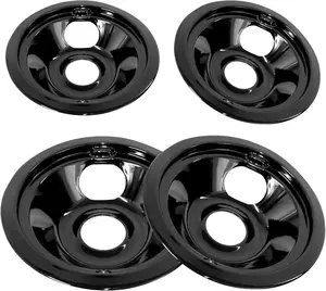 APPLIANCEMATES Black Porcelain Drip Pans Set 4-Pack 318067041 & 318067051 Replacement for Frigidaire Electric Range Stove Burner 5304430149, 5304430150 Includes 2 Large 2 Small (6 Inch and 8 Inch)