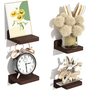 Small Rustic Floating Shelves Set of 4, 5x5 Inch Wooden Wall Mounted Shelves for Bedroom Living Room Bathroom Kitchen Decor