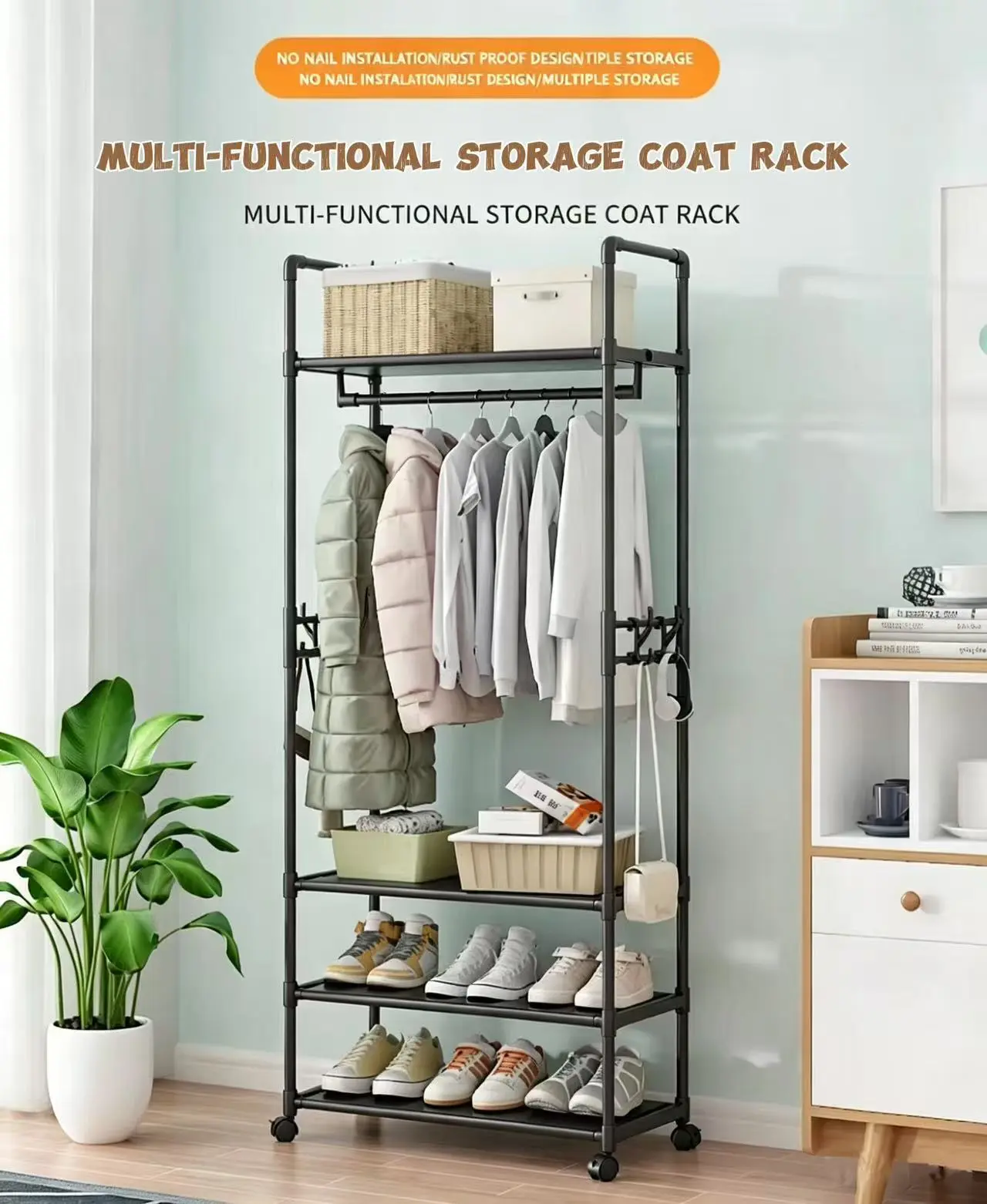 3-Tier Rolling Hanging Garment Rack with Lockable 360° Wheels - Thick Steel Coat Stand, Hollow Waterproof Storage Shelves, Side Hooks, Freestanding Storage Organization for Bedroom, Small Room Organization Products (White & Black Available)