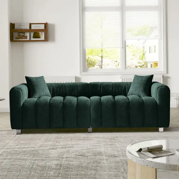83.4 Inch Green Velvet 3 Seater Sofa, Tufted Teddy Fabric Loveseat Couch with Pillows, Modern Comfy Furniture for Apartment Living Room