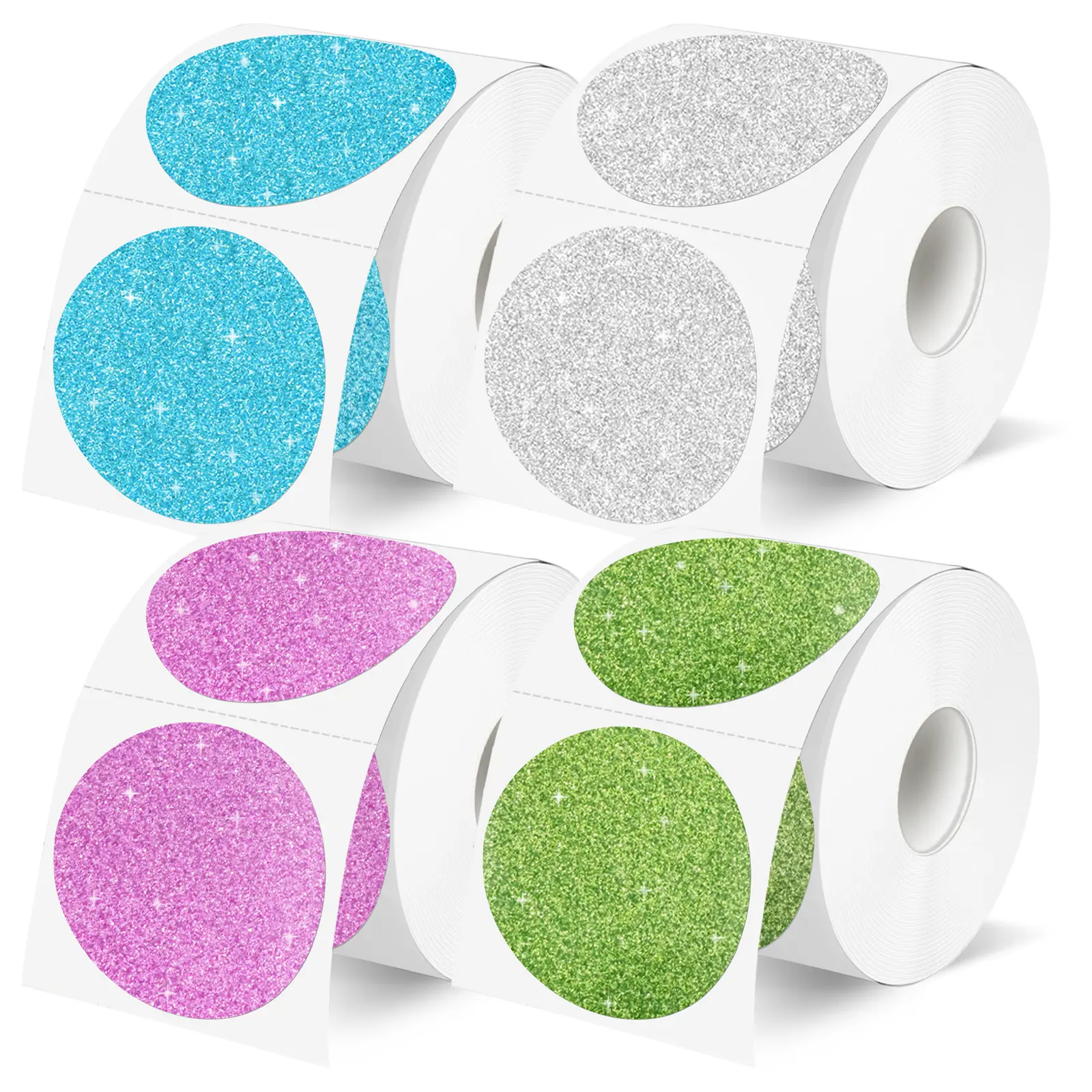 Starboling 2" Round Holographic Thermal Sticky Labels - Self-Adhesive for Thermal Printers, 4-Roll Set (Blue, Silver, Pink, Green) for Gift Wrapping, Custom Logo Branding