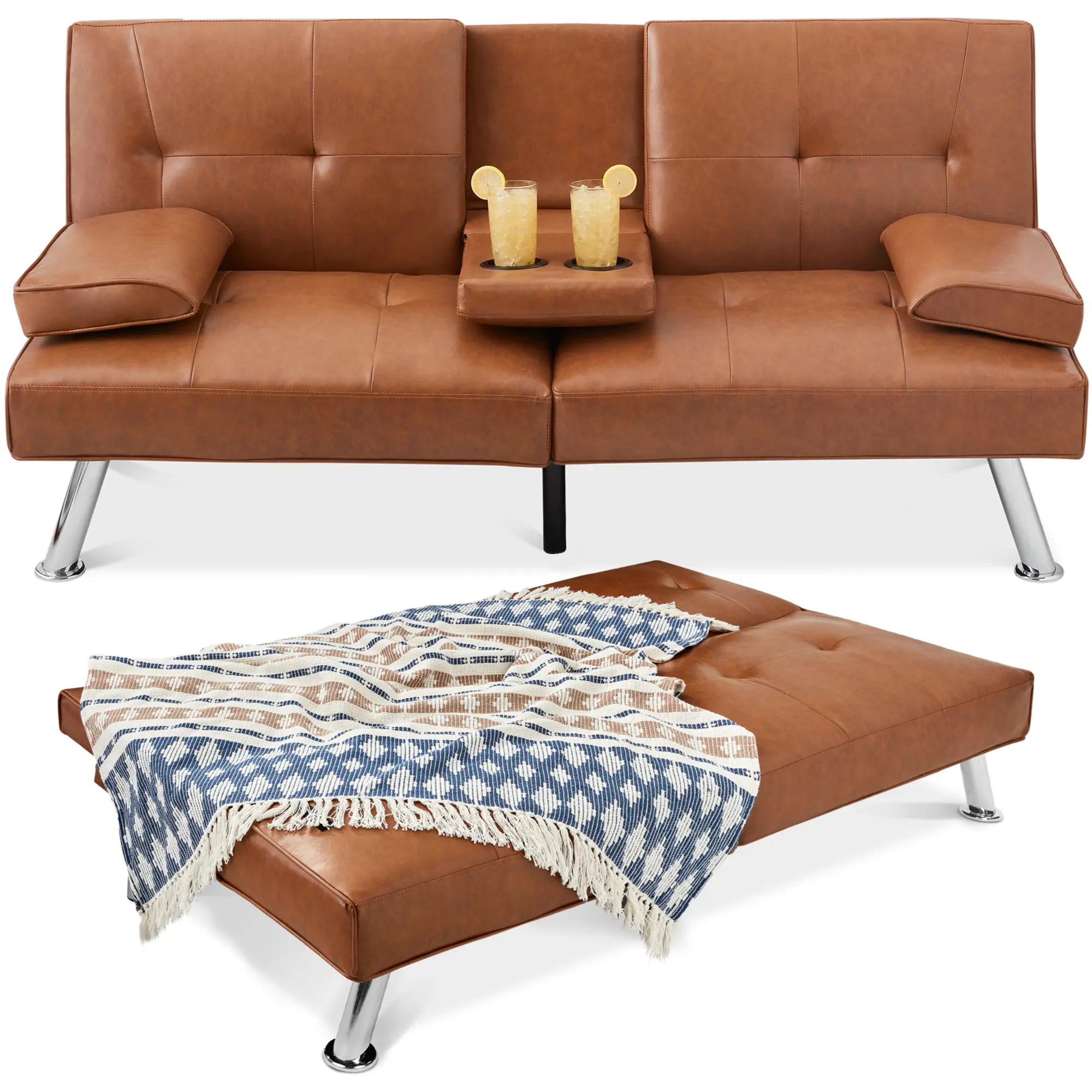 Best Choice Products Modern Faux Leather Convertible Futon Sofa w/ Removable Armrests, 2 Cupholders Best Choice Products Modern Faux Leather Convertible Futon Sofa w/ Removable Armrests, 2 Cupholders
