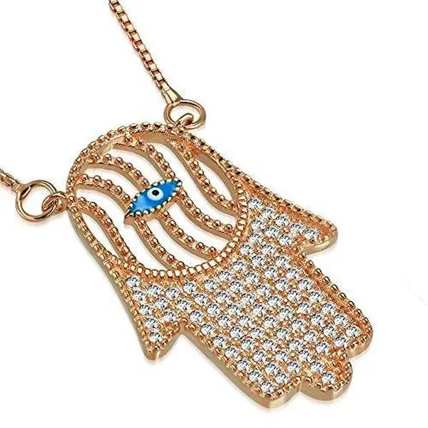 Unisex Polished 925 Sterling Silver Hamsa Synthetic Diamond Pendant Necklace, 1.05in x 0.70in, 4.8g, Adjustable Chain, 4.8 Grams