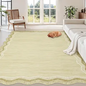 Garvee Washable 9x12 Scalloped Rug with Non-Slip Backing, Modern Solid Color, Non-Shedding, Stain Resistant Low Pile Accent Carpet, Foldable Bordered Mat for Living Room, Bedroom, Nursery, Cream