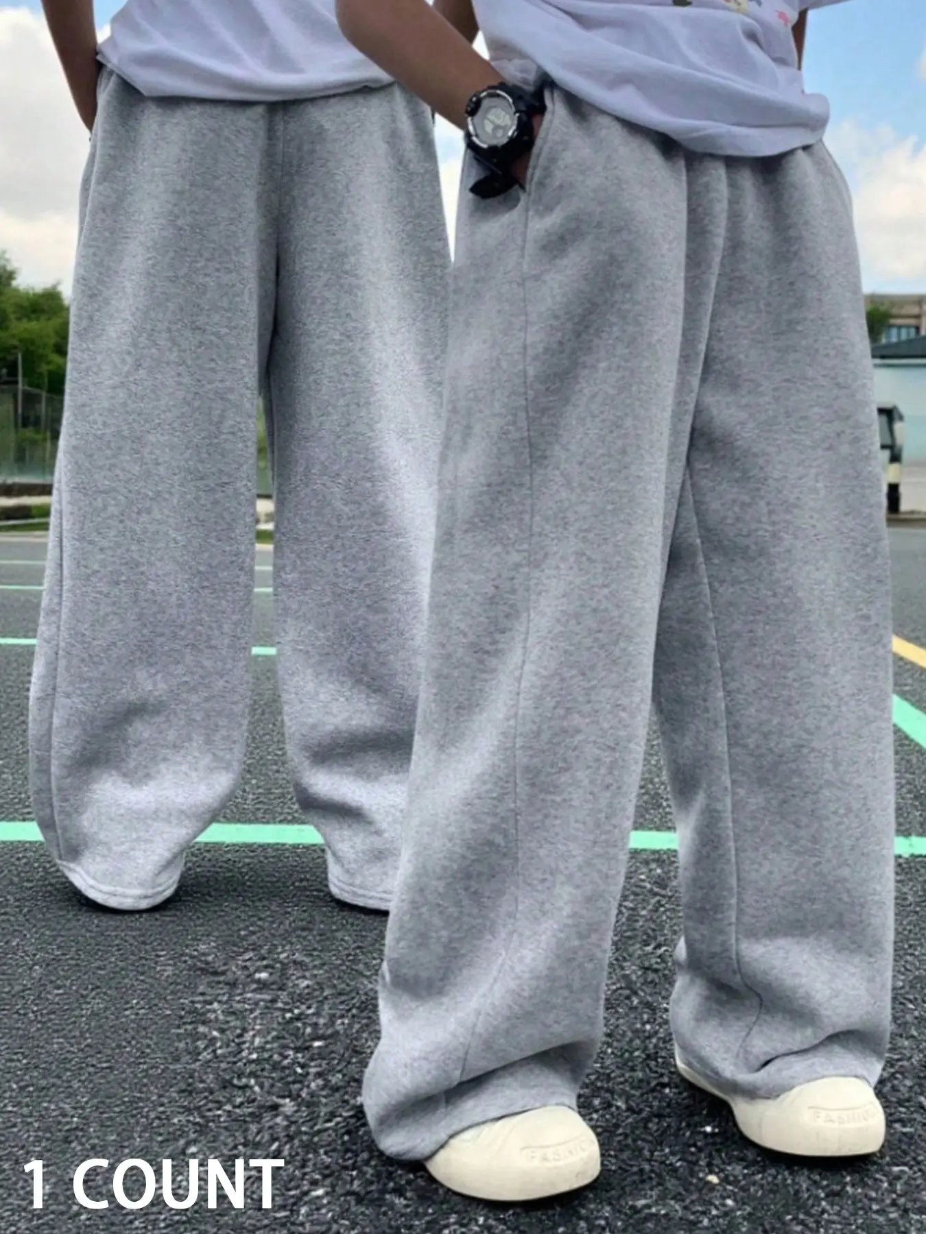 1 Count Unisex Heather Gray Fleece Wide Leg Drawstring Elastic Waist Sweatpants Loose Fit Casual Baggy Trousers For Daily Wear Sports School Casual Sweatpants Style