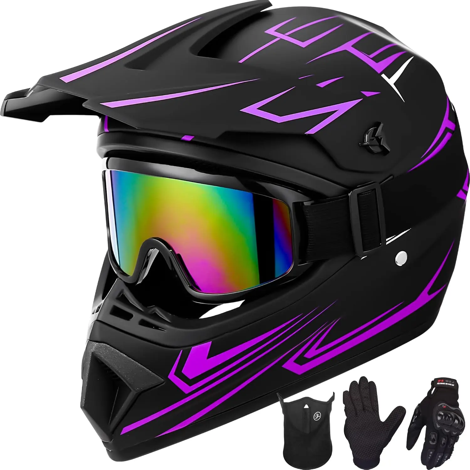 Youth Kids Adult Motocross Helmet Motorcycle Dirt Bike Off-Road Mountain Bike BMX MX ATV Helmet with(Gloves Goggles Mask) 4Pcs Set - DOT Approved(Purple,S M L XL) summerwins, Motocross Protective Gear
