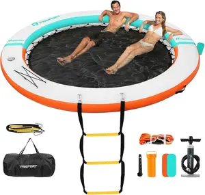 FBSPORT Inflatable Dock Floating Platform - PVC Fabric Inflatable Pool Lounge, Trampoline Mesh Pool Raft, Water Hammock Deck with Cupholder for Lake, Round Floating Ring for Adults