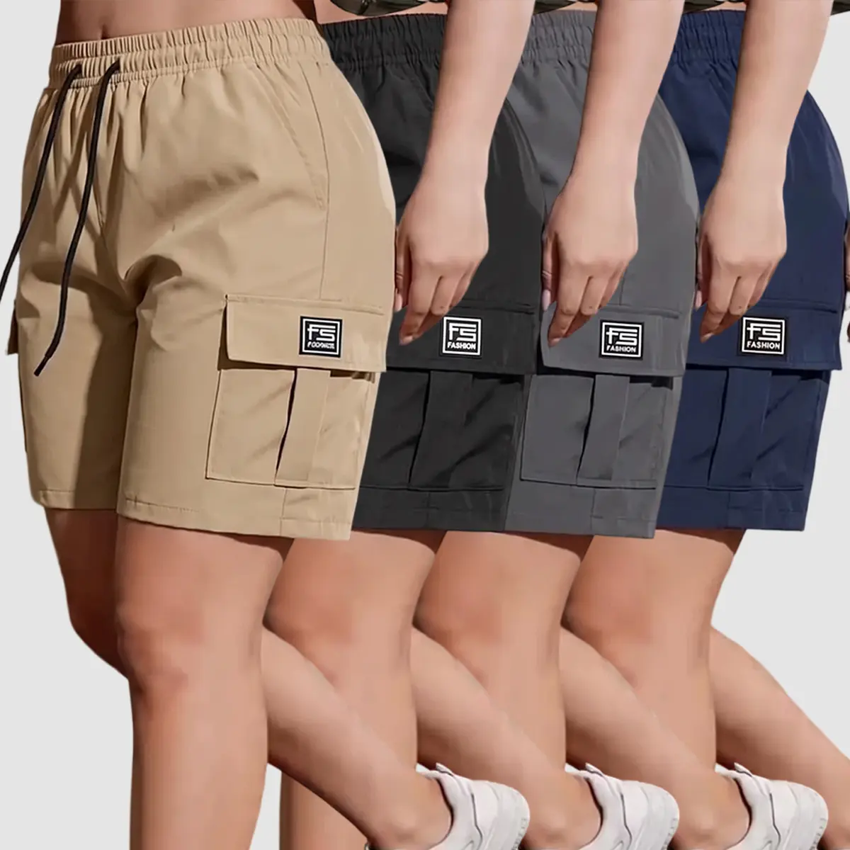 Set of 4 summer women’s cargo shorts featuring an elastic waistband, side pockets, and drawstring design; sturdy and durable, multi-pocket design, breathable—perfect for outdoor activities and everyday wear. Summer Charm