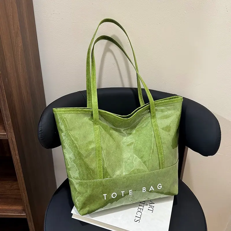 Minimalist Waterproof PVC-Coated Tyvek Tote Bag with Shoulder Strap, Open Top, Letter Print & Textured Surface, Large-Capacity Commute Handbag for DIY Specialty Supplies Enthusiasts