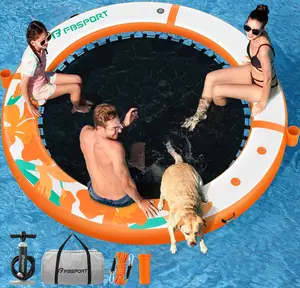 FBSPORT Round Floating Ring Inflatable Water Hammock, 8FT Floating Dock Sunchill Float Ring with Ladder, Heavy Duty PVC Adult Tanning Pool Platform for Lake & Pool