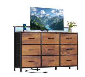 9-Drawer Fabric Dresser TV Stand, Multifunctional Storage Cabinet with Power Outlets & LED Light, Rust