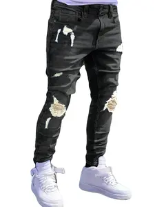 Men's Casual Washed Ripped Slim Fit Jeans Menswear Streetwear Plain Trousers Denim Pants Comfortable, Stretchy Pants