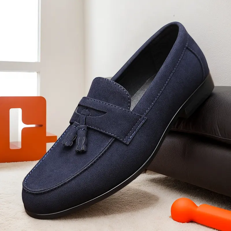 Men's Navy Blue Suede Tassel Loafers - Soft Classic Footwear, Hand-Stitched Slip-On Casual Dress Shoes with Rubber Sole & Padded Insole 82690