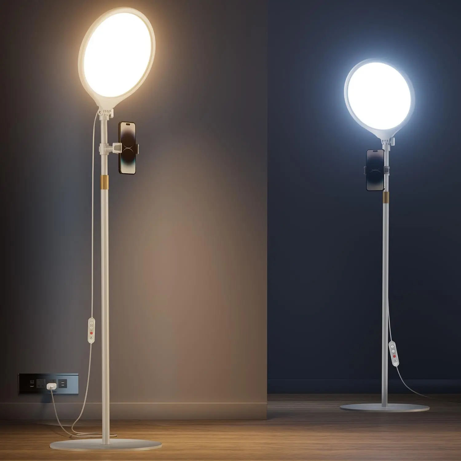 Vimose 10.5" LED Ringlight - Aluminum Extendable 69" Floor Stand & Phone Kit, Dimmable Filming Setup for Makeup, Content Creation (White, iPhone Remote)