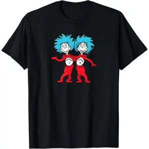 Dr. Seuss Soft Cotton Short-Sleeve T-Shirt - Vintage Streetwear Clothes, Distressed Print Round Neck Thing 1-Thing 2 Buddies Sports Top for Halloween, Christmas