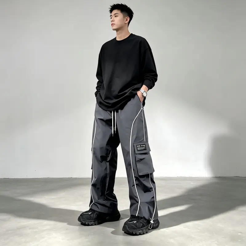 Men's Loose-Fit Cargo Pants with Cargo Pockets - Curved Stripe, Drawstring Waist, Floor-Length Summer Jogger Bottoms, Machine Washable, Note: Purchase 1 Size Up, Synthetic Weave, Wide-Leg Pants, Techwear, Fabric