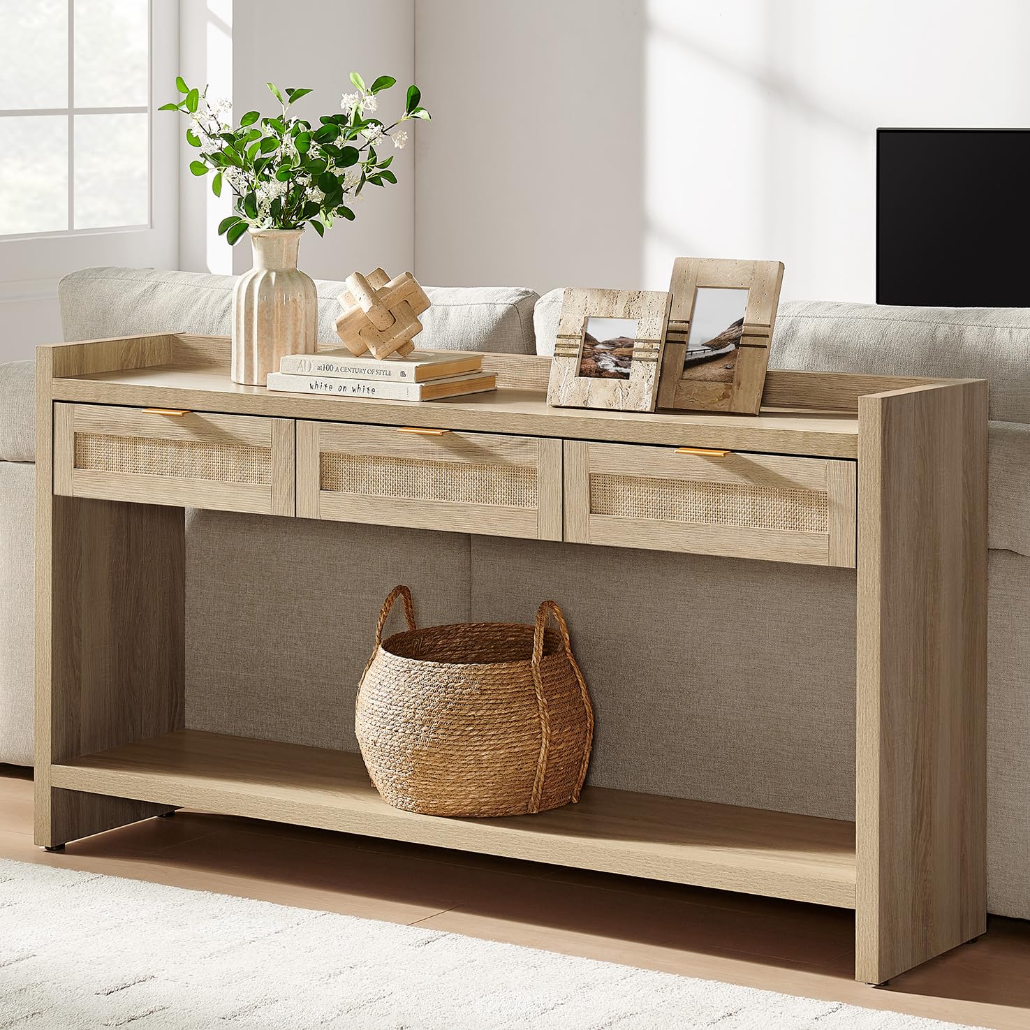 SICOTAS 60" Rattan Console Table for Entryway - Farmhouse Entry Table Sofa Table with 3 Drawers, Narrow TV Console Table with Storage for Living Room, Hallway, Couch