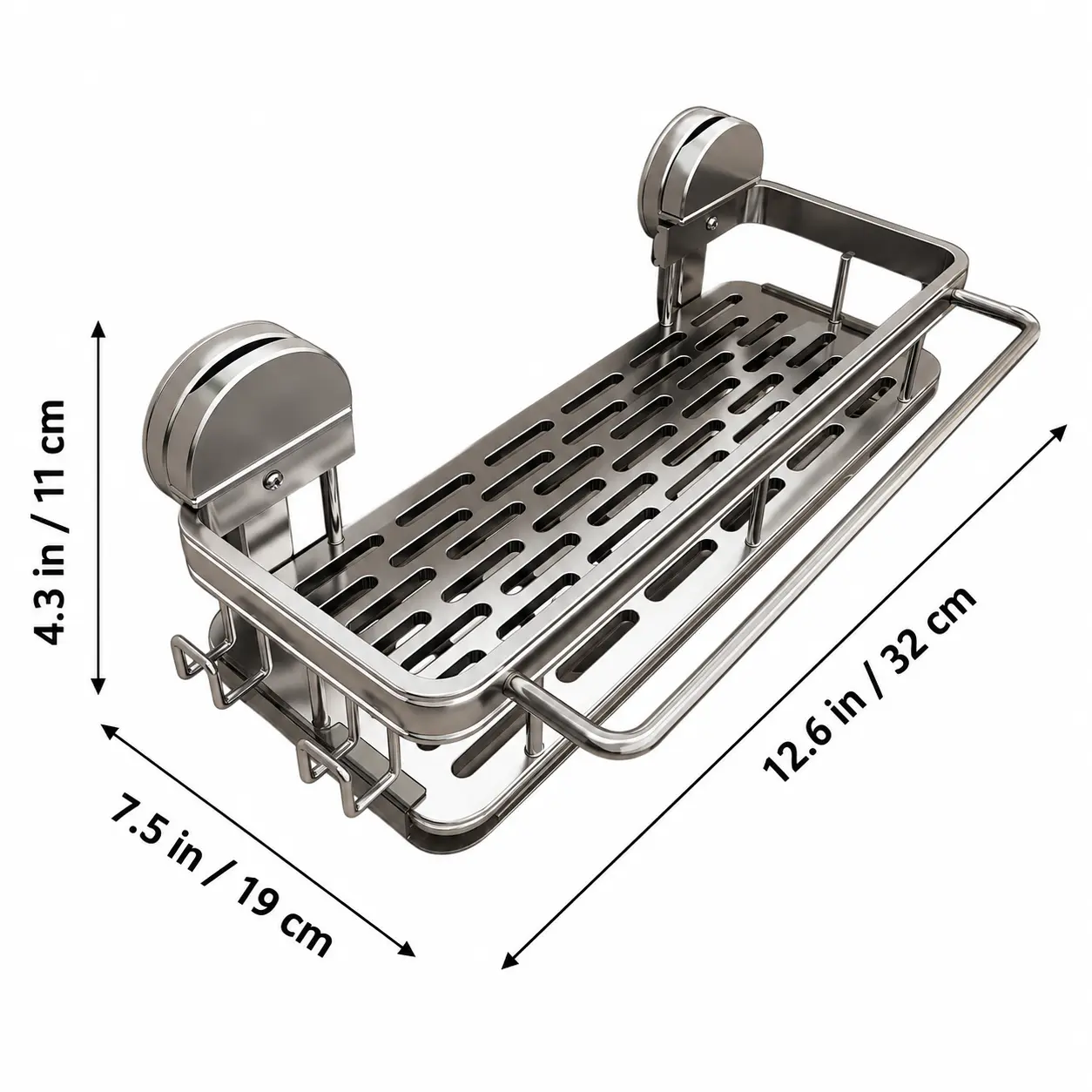 No Drilling Suction Cup Over-Sink Shelving & Storage Rack, Rust-Resistant Aluminum-PVC Kitchen Bath Storage Holder with Towel Bar, Hidden Hooks, Removable Drip Tray, Water-Resistant Cleaning Supplies Organizer, Reduces Countertop Clutter, 12.6×7.5×4.3in,