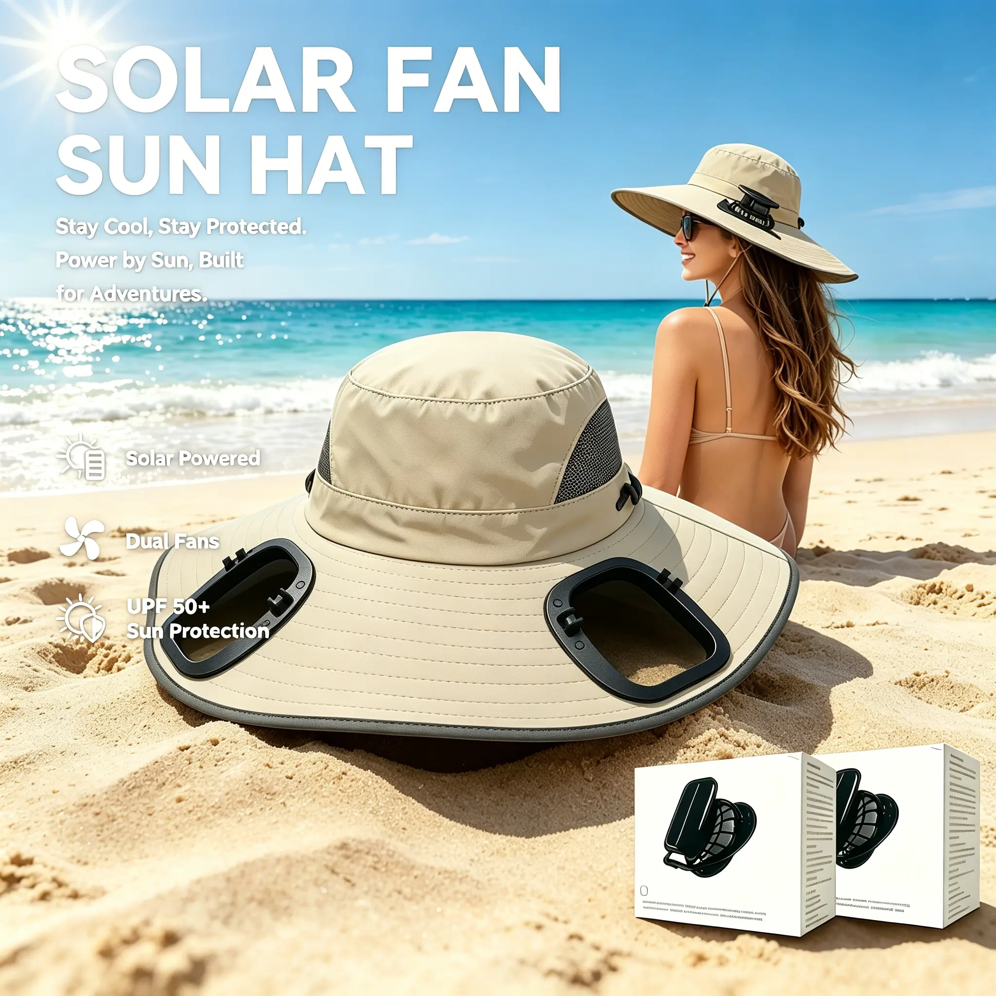 2026 Outdoor Wide Brim Fan Hat with Dual Fans, UPF 50+ UV Sun Protection, Waterproof Breathable USB-C Rechargeable Bucket Hat for Fishing, Camping, Gardening, Hiking, Beach, Golf, Yard Work, Lawn Care, Lawn Mowing, Boating & Farm Work