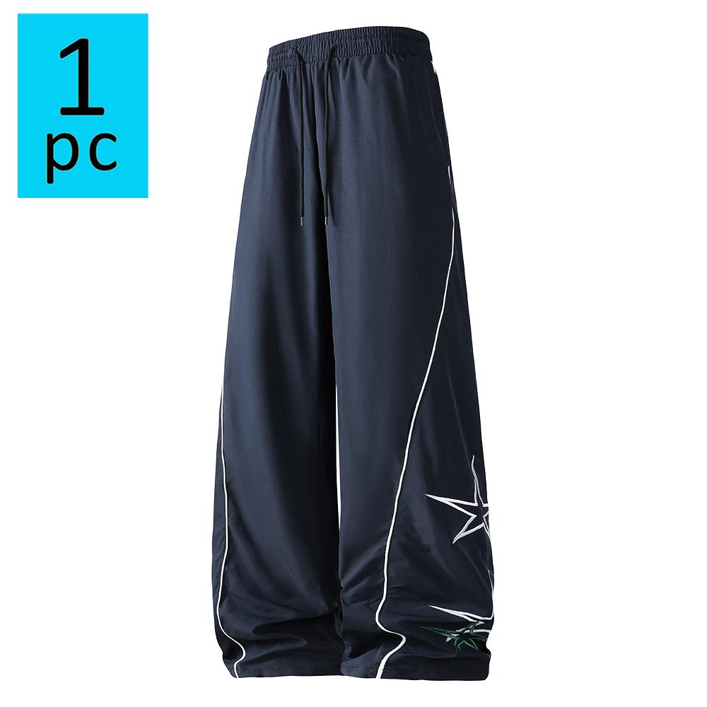 Spring/summer lightweight men’s solid-color athletic casual pants—slim straight-leg joggers with an elastic drawstring waistband and vintage star embroidery; suitable for everyday wear and American street dance styles for both men and women.