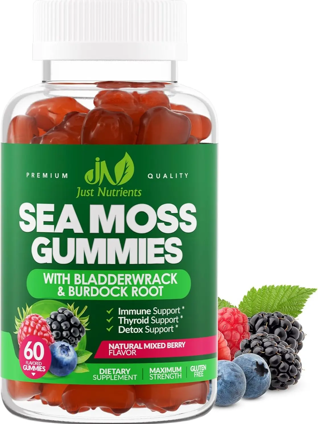 Sea Moss 3000mg Gummies with Bladderwrack and Burdock Root - Natural Irish Sea Moss Superfood for Immune, Thyroid and Detox Support - Extra Strength for Men & Women - Gluten-Free, Vegan - 60 Gummies