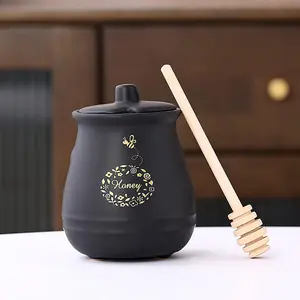 Ceramic Honey Jar With Wooden Honey Dipper - Honey Pot With Dipper - Black Honey Dispenser with Stand, Great Bee Decor Farmhouse Kitchen Decoration