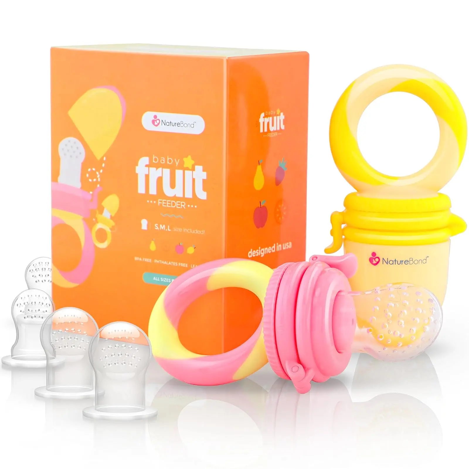 Baby Food Feeder/Fruit Feeder Pacifier Nibbler (2 Pack) - Infant Teething Toy Teether Weaning in Appetizing Colors | + Additional Silicone Sacs