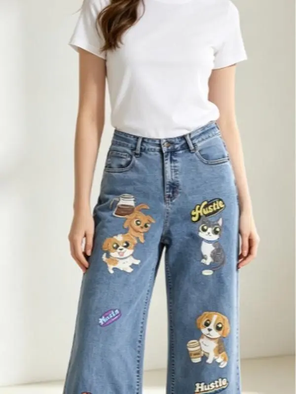Cute Cat Dog Coffee Hustle DTG Print Dark Wash Wide Leg Jeans Kidcore Cartoon Denim Pants