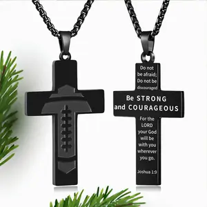 Football Cross Necklace for Boys and Men Stainless Steel Bible Verse Pendant with Chain First Communion Baptism Religious Sports Jewelry Gift