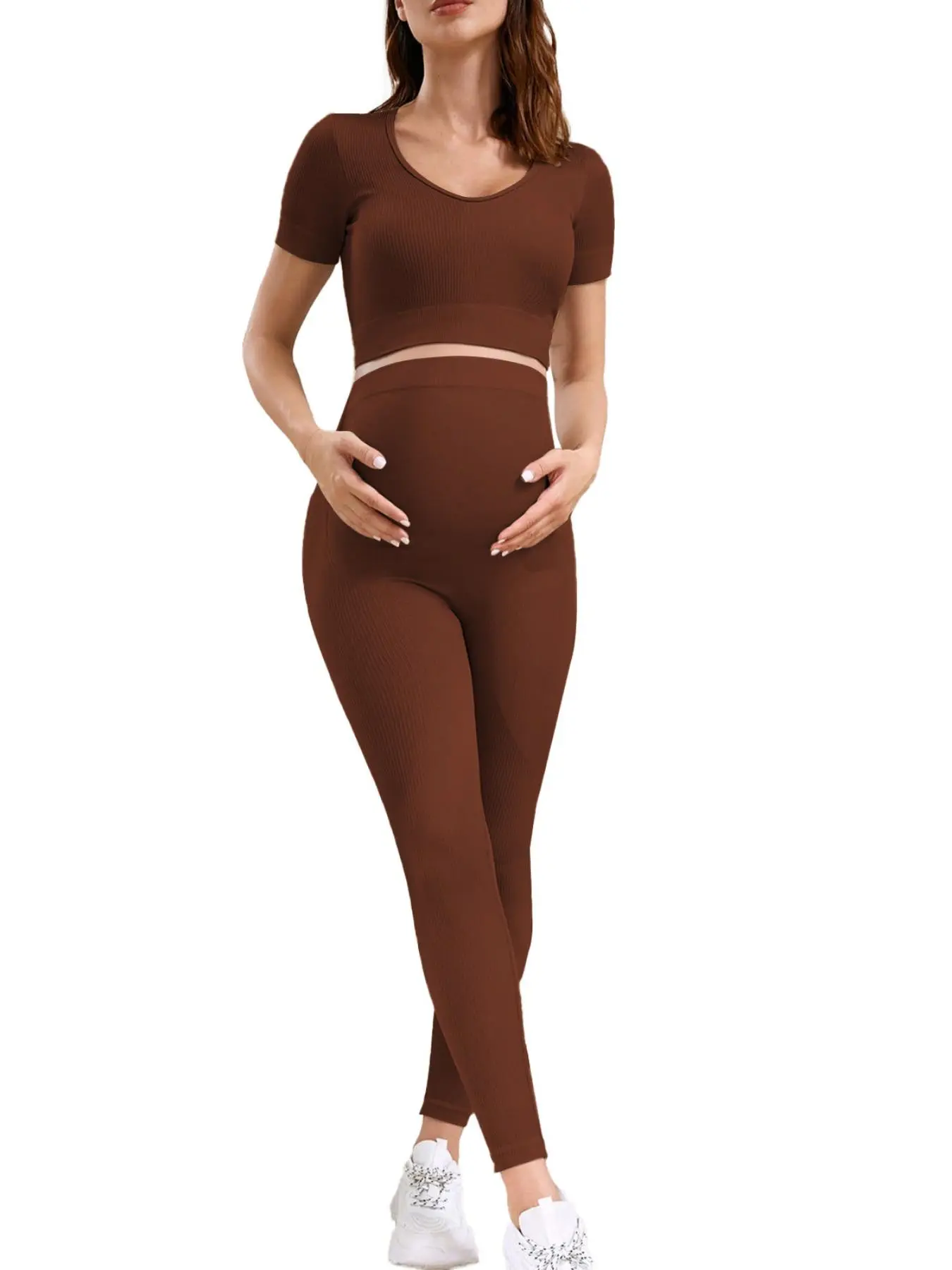 Women's Maternity 2 Piece Outfit Set - Crop Shortsleeve Top & Legging for Pregnancy - Yoga workout Lounge Wear Sets Prenatal Maternity Clothing Maternity Summer Outfits