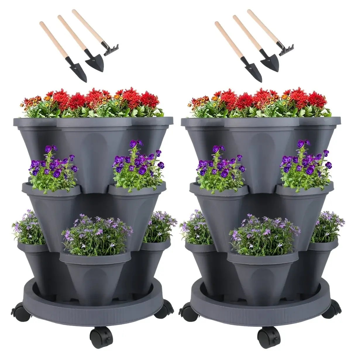 Stackable Planter with Wheels and Tools, Indoor Outdoor Pots - 3 Tier Vertical Garden Planter - Dark Gray,2 Set Gamexcel