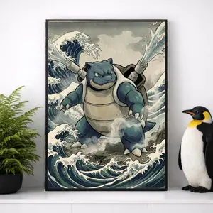 Blastoise Battle Poster, Japanese Style Inspired Anime Artwork, Ramen Noodles Wall Art, Home Decor