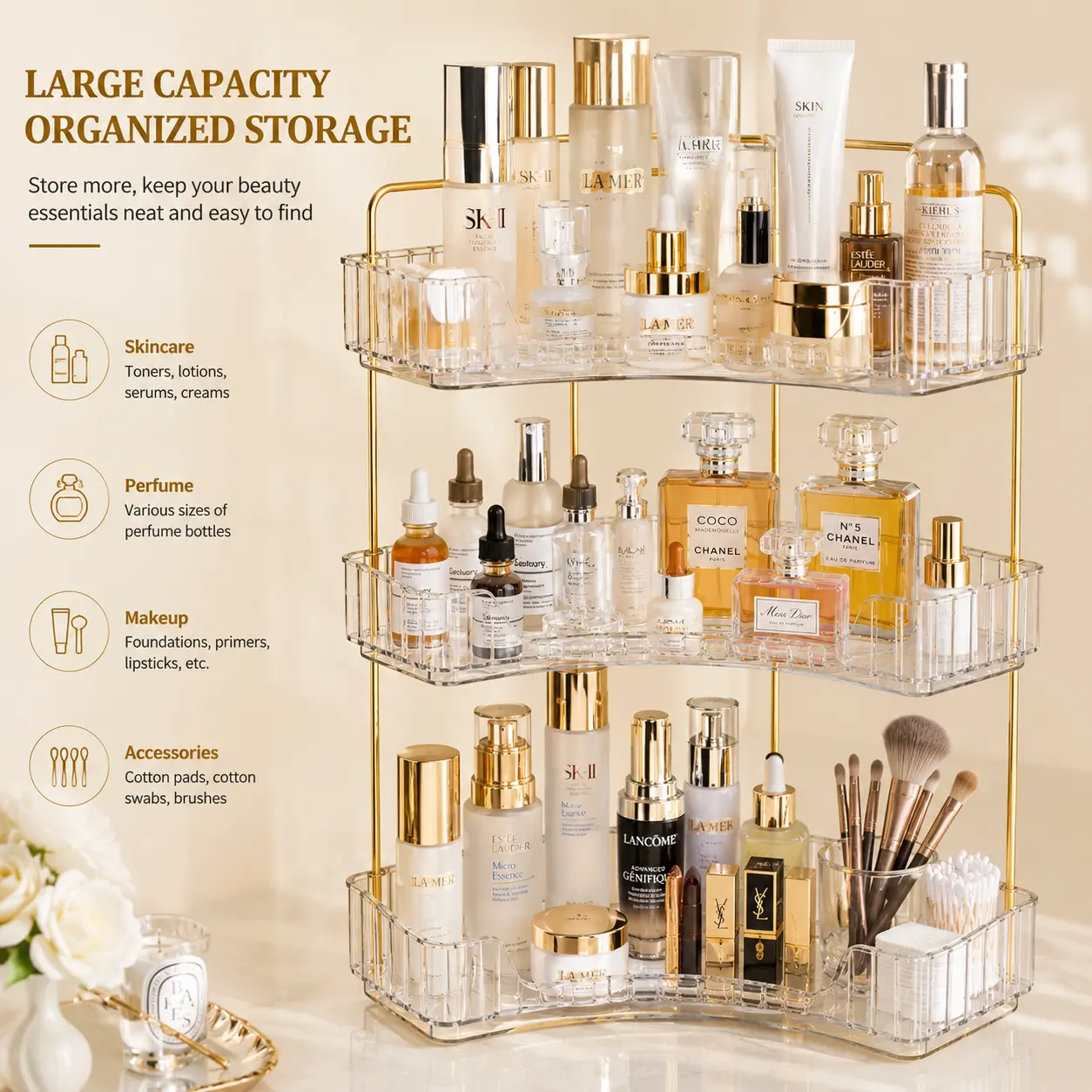 3-Tier Light Luxury Corner Organizer - 90° Space-Saving Utility Rack for Bathroom Shower, Makeup Area | Home Supply Storage Holder (Clearance) cosmetic kg capacity