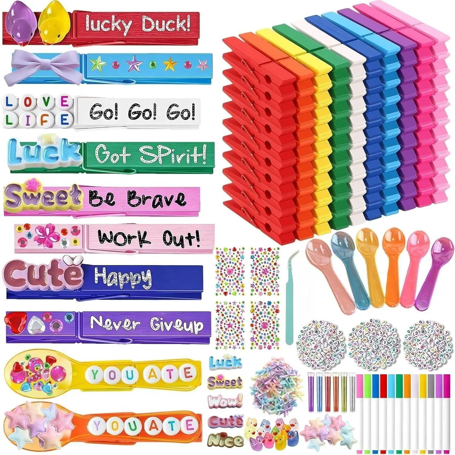 MEPIG 622-Piece Vibrant Colorful Cheer Pins Craft Kit - DIY Reusable Clips, Wooden Clothes Pin Decorations, 100 Cheerleading Team Spirit Clips, Mini Ducks, Bows, Beads for Crafting Fun, Backpack Gifts, Colorful Kits