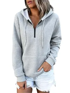Pure Color Half Zip Waffle Hoodie Women's Spring Fashion Comfortable Sweatshirt Zipper Design Color Block Hoodie Casual Style