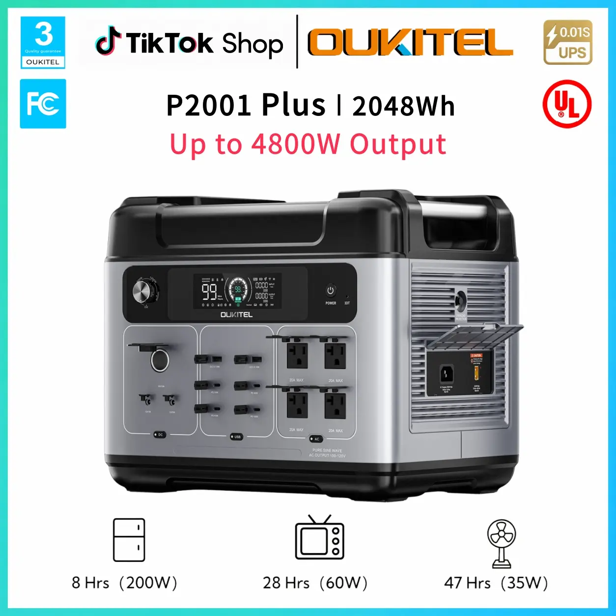 OUKITEL P2001 Plus Portable Power Station 2048Wh, 2400W AC Output (4800W Peak) LiFePO4 Solar Generator, USB-C & 1-Hour Fast Charging, Optional Foldable Solar Panel, Home Backup Battery for Power Outages, Emergency Power, Camping, RV & Off-Grid Use, Storms