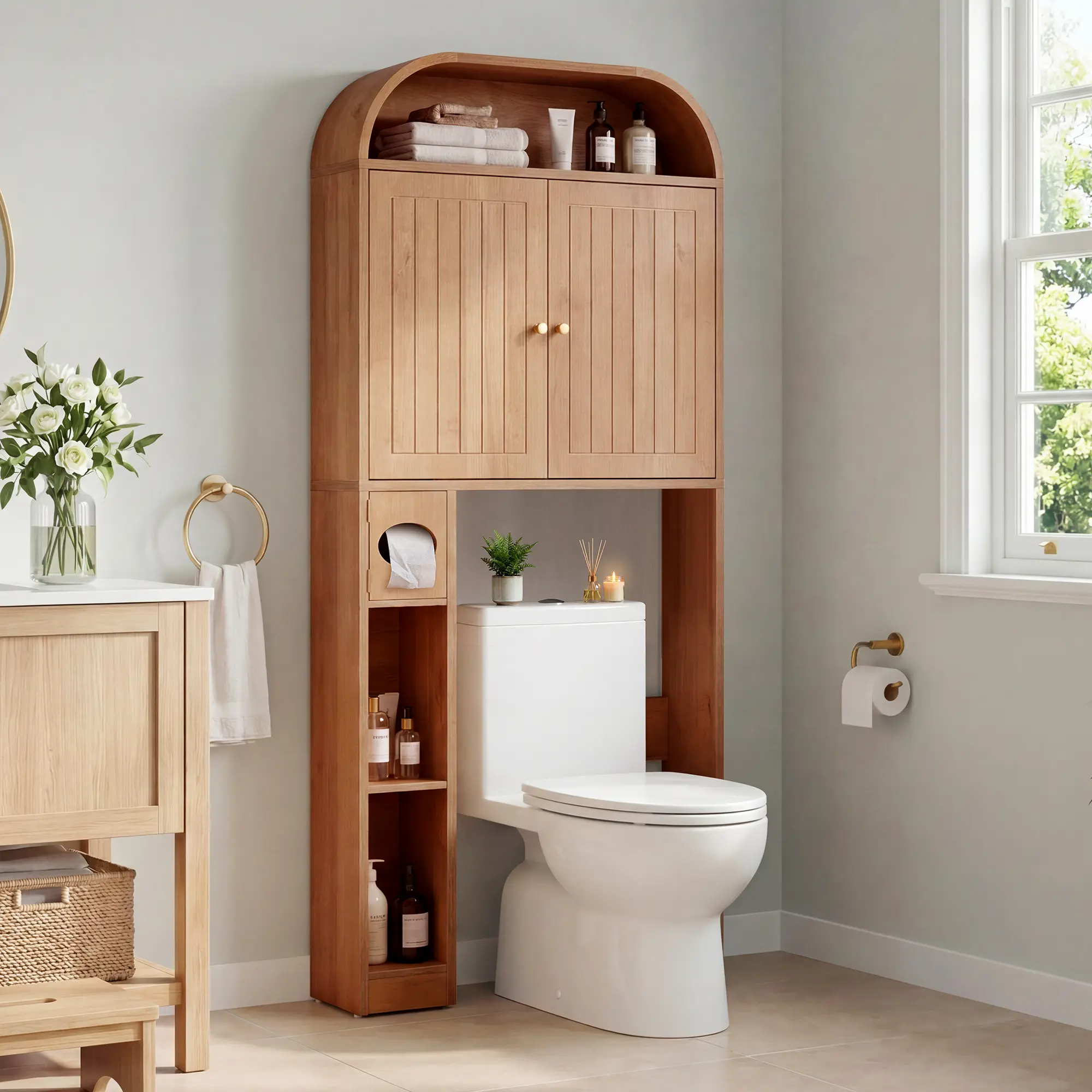 Giratree Arched Over The Toilet Storage Cabinet - 67" Tall Bathroom Above Toilet Organizer with Vertical Grooved Doors & Tissue Drawer - Freestanding Space Saver Rack, Anti-Toppling
