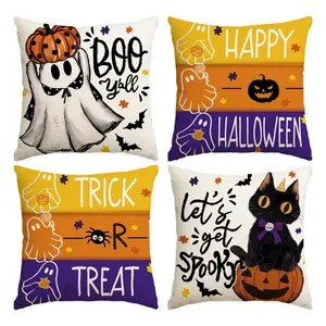 4pcs Halloween Pillow Cover, Halloween Night Decorative Sofa Cushion Cover, Black Cat, Ghost, Pumpkin Head Single sided Printed Pillow Cover, Suitable for Bedroom, Living Room, Sofa, Farmhouse, Bed, Car Decoration Cushion Pillow Cover (No Pillow Core)
