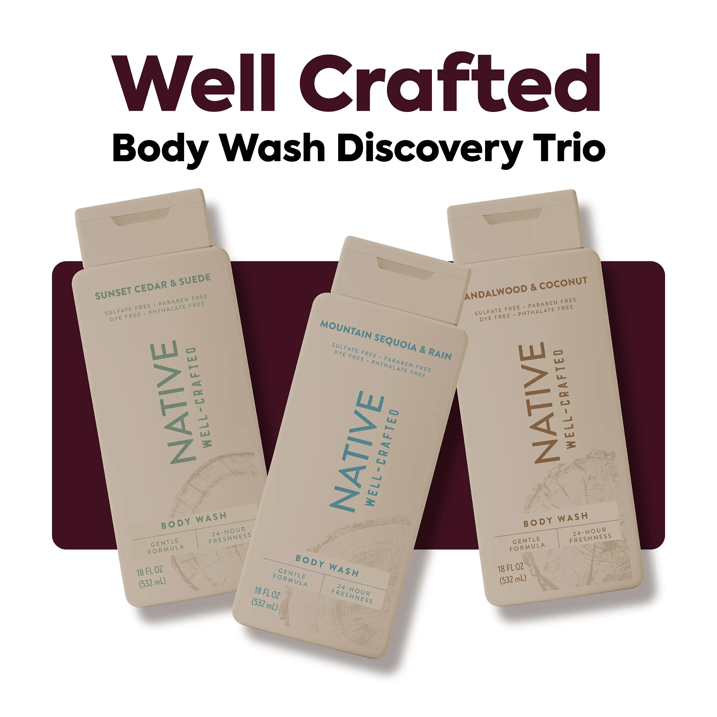 NATIVE Body Wash Discovery Trio – 3-Pack, 18 oz, Rich Lather, Gentle Cleanse, 24HR Freshness