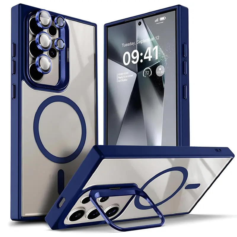 Polycarbonate Metal MagSafe Magnetic Case for Samsung Galaxy S26/S25/S24 Ultra Plus, Transparent Anti-Yellowing Shockproof Cover with Built-in Stand, Camera Lens & Screen Protector, Scratch-Resistant, Wireless Charging Support | Mother's Day Gift